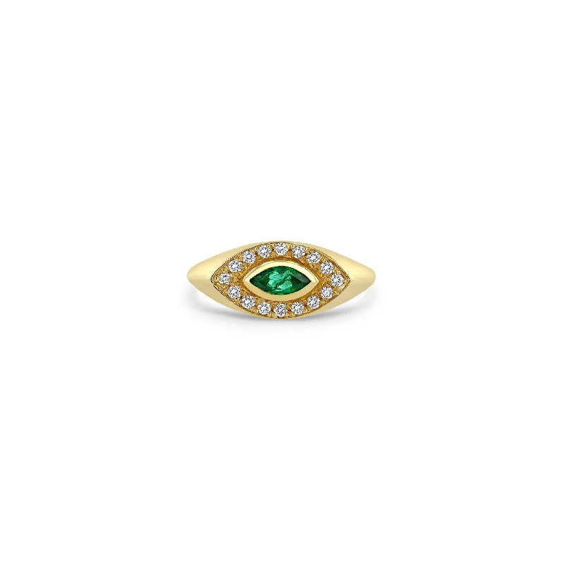 14k Marquise Emerald & Diamond Halo Signet Ring