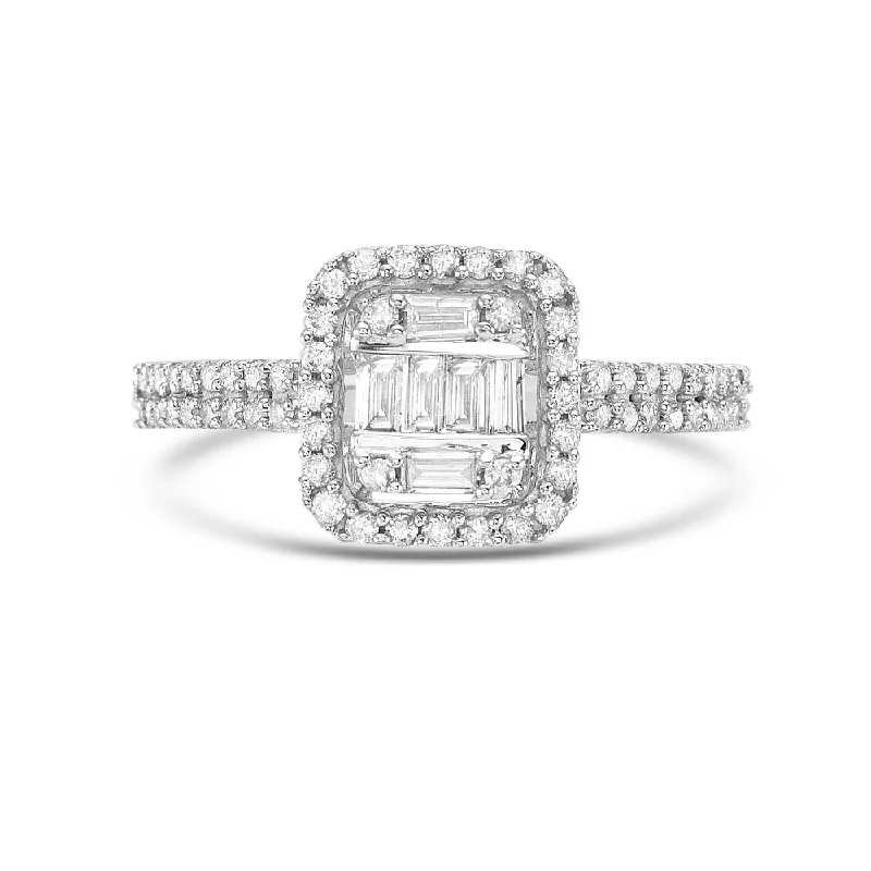 Baguette & Round Diamond Halo Illusion Solitaire Engagement Ring (0.50 ct.) in 14K Gold