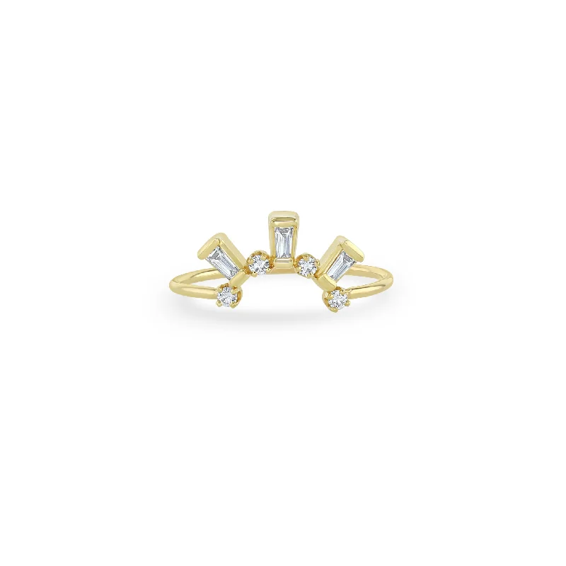 14k Tapered Baguette & Prong Diamond Curved Bar Ring