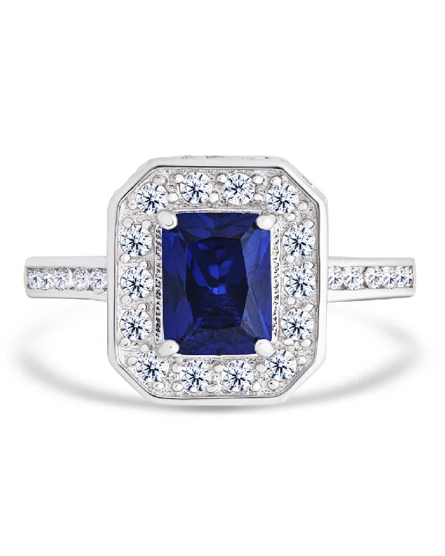 Sterling Silver Emerald Cut Sapphire CZ Cocktail Ring