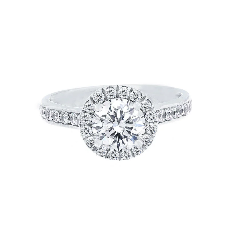 Round Diamond Halo Engagement Ring with Single Row Diamond Band