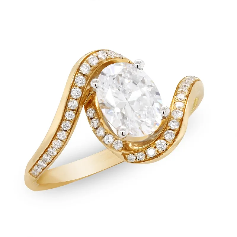 YELLOW GOLD BYPASS STYLE ENGAGEMENT RING SETTING WITH OVAL CENTER, .19 CT TW