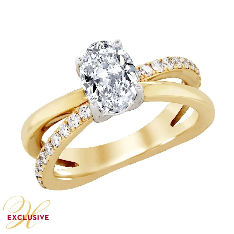 YELLOW GOLD SPLIT SHANK ENGAGEMENT RING SETTING WITH OVAL CENTER, .58 CT TW