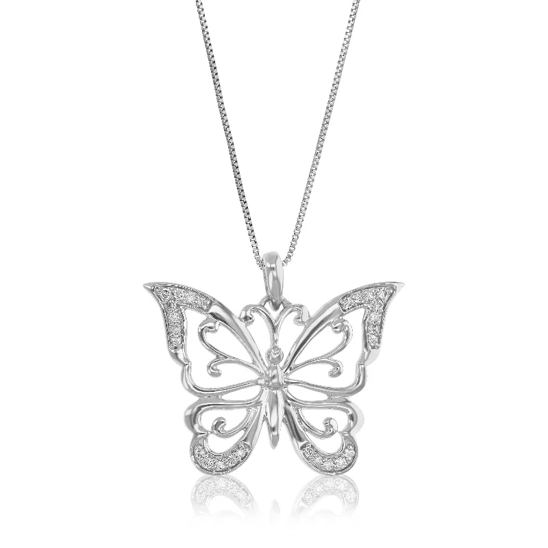 1/10 cttw Lab Grown Diamond Butterfly Pendant Necklace .925 Sterling Silver with 18 Inch Chain 2/3 Inch