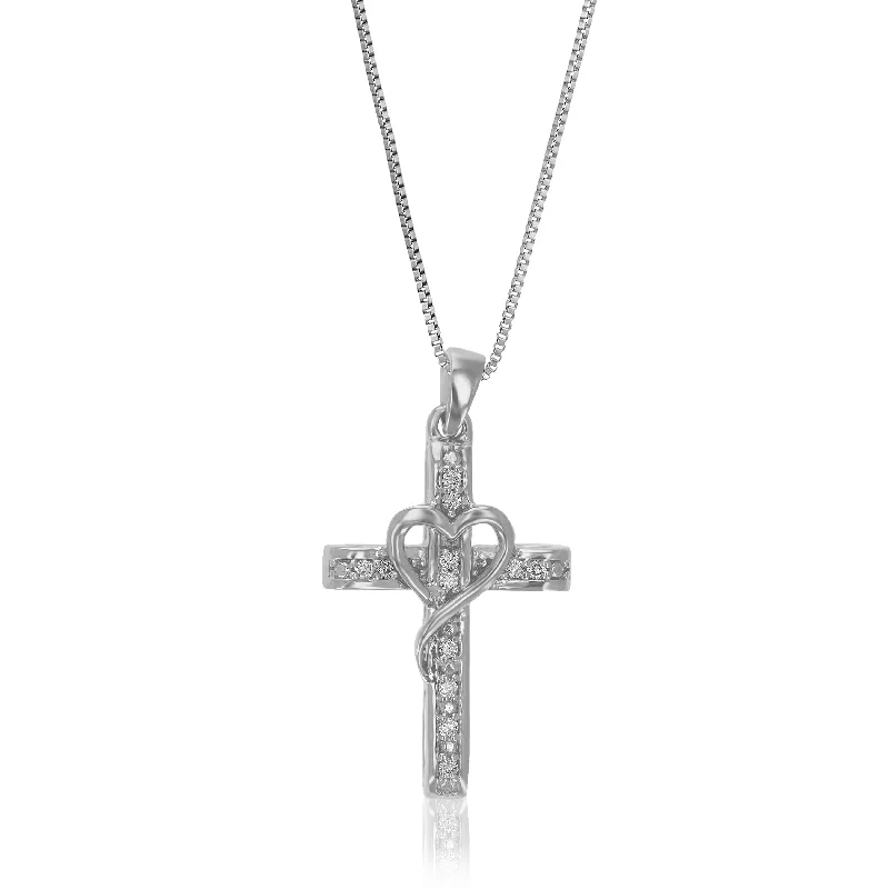 1/10 cttw Lab Grown Diamond Cross Heart Pendant Necklace .925 Sterling Silver 2/3 Inch With 18 Inch Chain