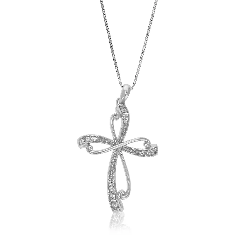 1/12 cttw Lab Grown Diamond Cross Pendant Necklace .925 Sterling Silver 2/3 Inch With 18 Inch Chain