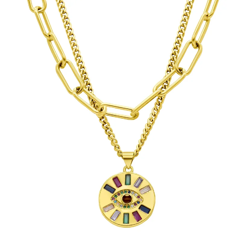 14K Gold Plated Adjustable Evil Eye Multi Color Layered Double Necklace