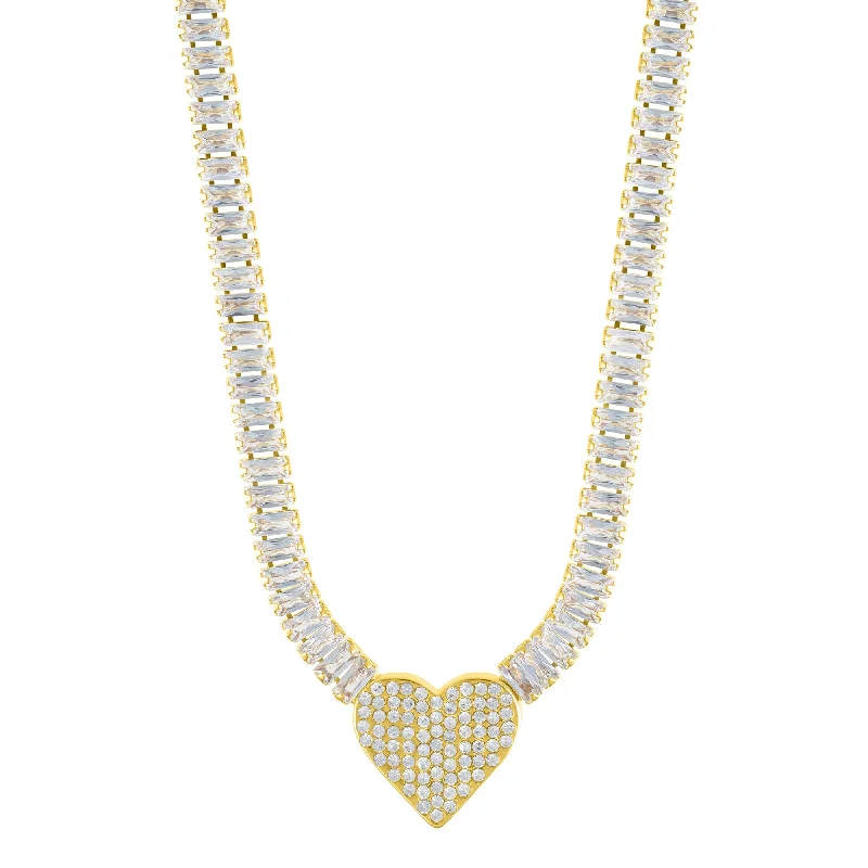 14k Gold Plated Baguette Tennis Necklace with Pave Heart Pendant