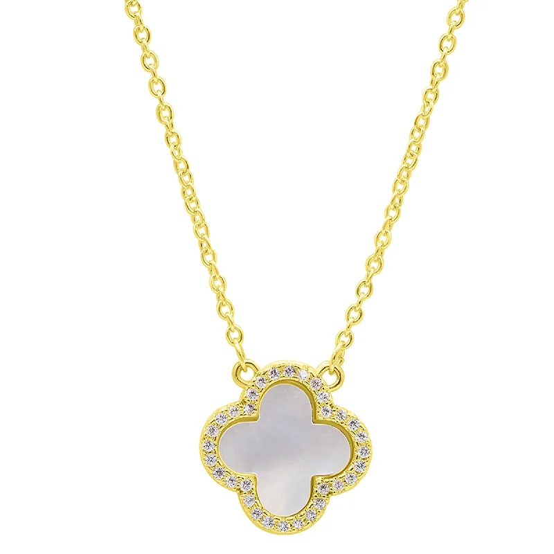 14K Gold Plated Crystal Halo White Mother-of-Pearl Clover Necklace