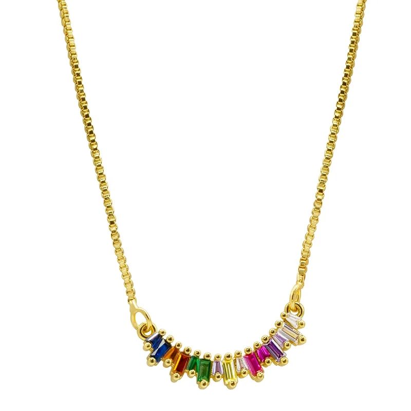 14K Gold Plated Crystal Rainbow Curved Bar Necklace