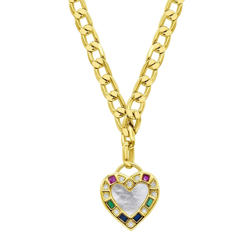 14K Gold Plated Figaro Chain Mother-of-Pearl Heart Necklace