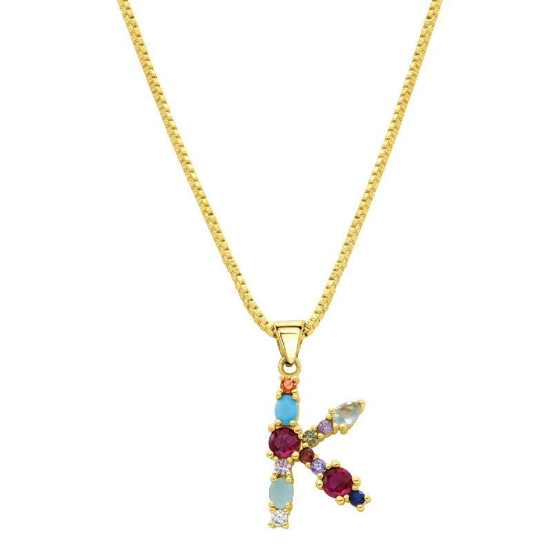 14K Gold Plated Multi Color Stone Initial Necklace