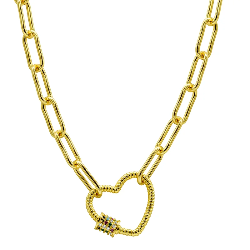 14K Gold Plated Paper Clip Chain With Rainbow Heart Screw Lock