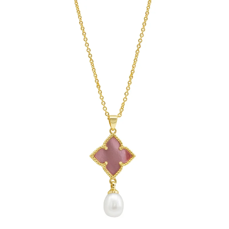 14k Gold Plated Pink Mother-of-Pearl Flower With Freshwater Pearl Drop Necklace