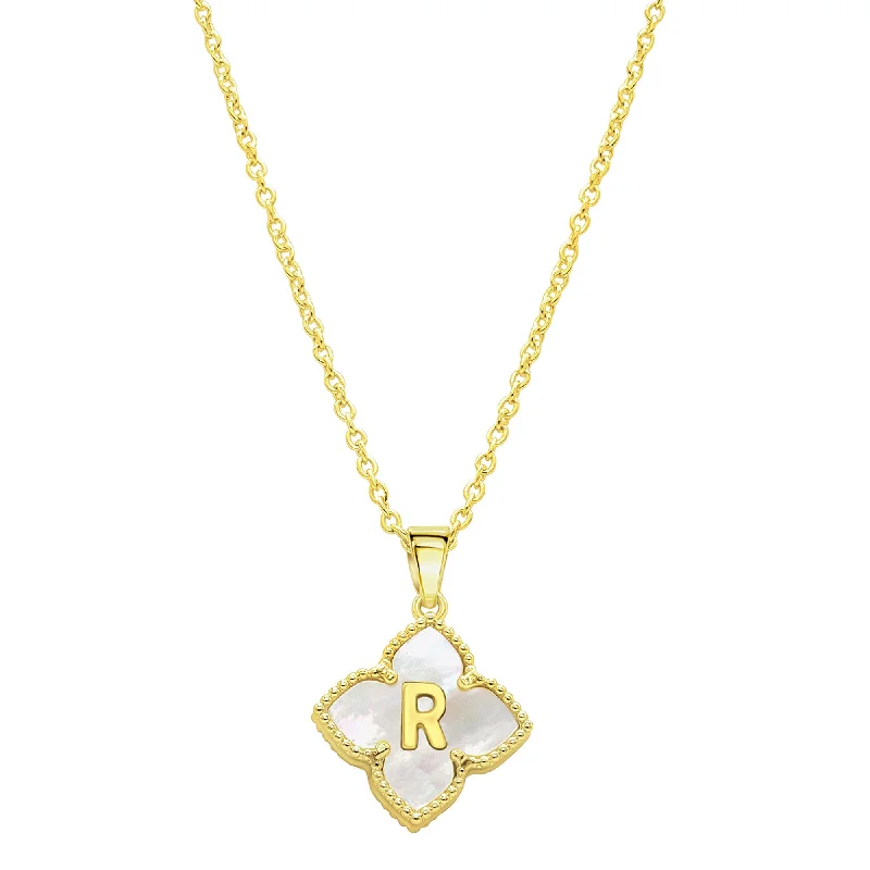 14K Gold Plated White Mother-of-Pearl Initial Floral Necklace