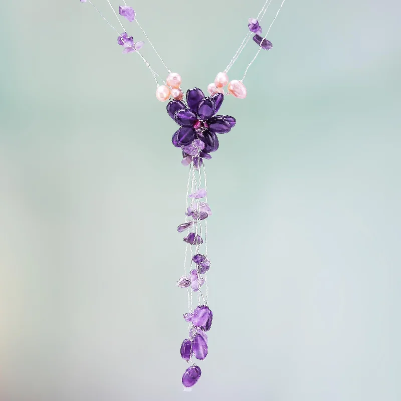 Fantasy Amethyst & Pearl Necklace with Flower Pendant