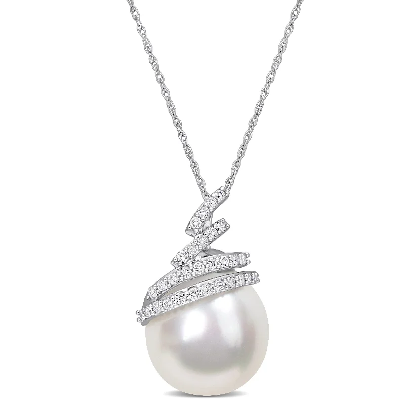 Mimi & Max 12-12.5mm South Sea Cultured Pearl and 1/4ct TDW Diamond Drop Pendant with Chain in 10k White Gold