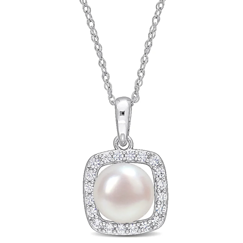 Mimi & Max 7-7.5mm Cultured Freshwater Pearl and 1/5ct TGW Created White Sapphire Halo Necklace in 10k White Gold