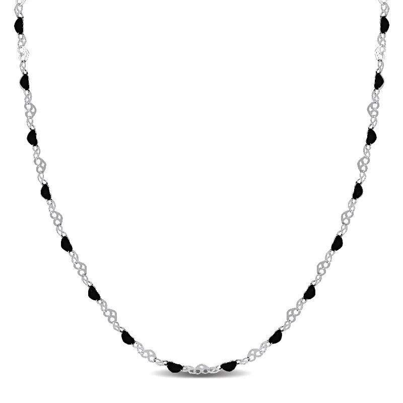 Mimi & Max Black Enamel Bead Heart Link Station Necklace in Sterling Silver - 18+1 in.