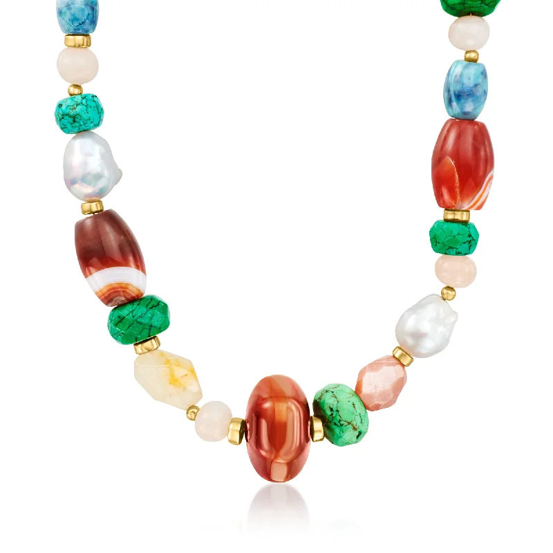 Ross-Simons 13-15mm Cultured Baroque Pearl and Multi-Gemstone Bead Necklace With 18kt Gold Over Sterling