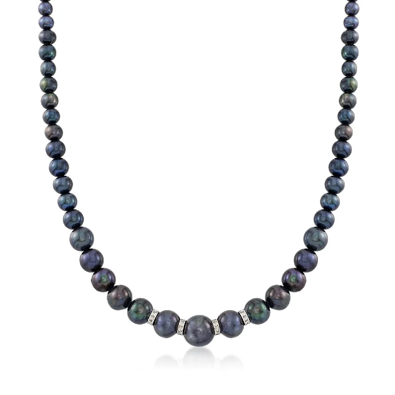 Ross-Simons 5-11.5mm Graduated Black Cultured Pearl Necklace With . Diamonds and Sterling Silver