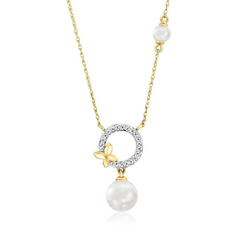 Ross-Simons 7-7.5mm and 4-4.5mm Cultured Pearl and . Diamond Butterfly Necklace in 14kt Yellow Gold