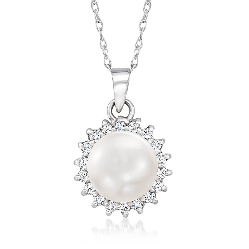 Ross-Simons 7-7.5mm Cultured Pearl and . Diamond Pendant Necklace in 14kt White Gold