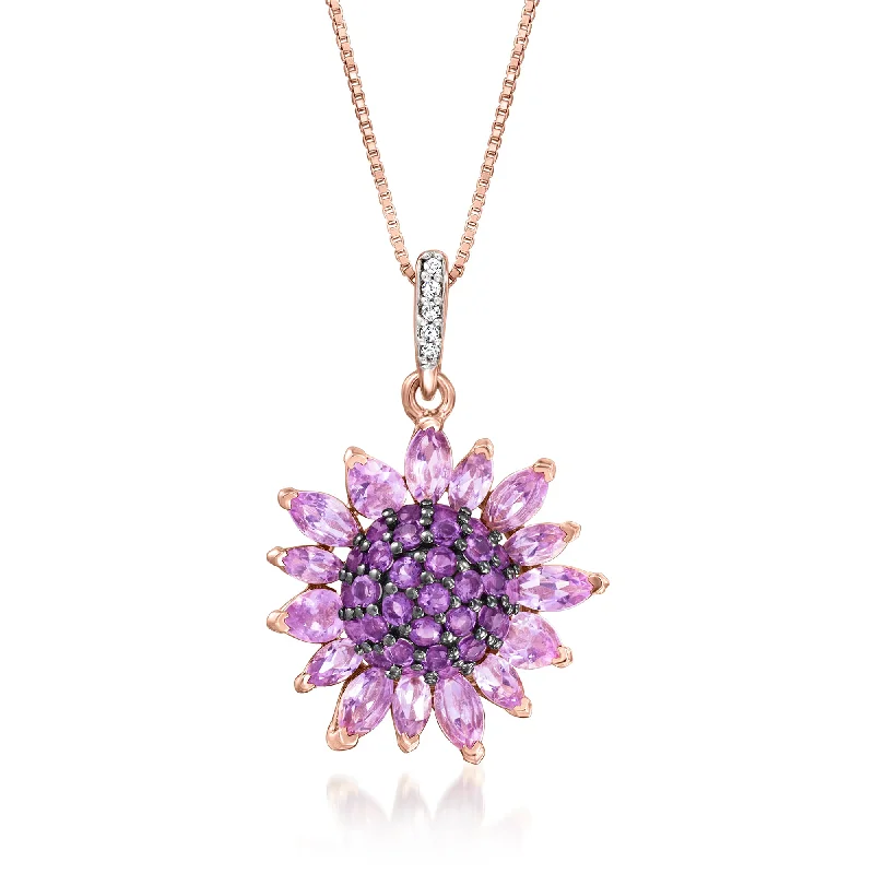 Ross-Simons Amethyst and . White Topaz Flower Pendant Necklace in 18kt Rose Gold Over Sterling