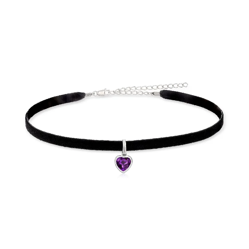 Ross-Simons Amethyst Heart Choker Necklace With Sterling Silver and Black Velvet Cord