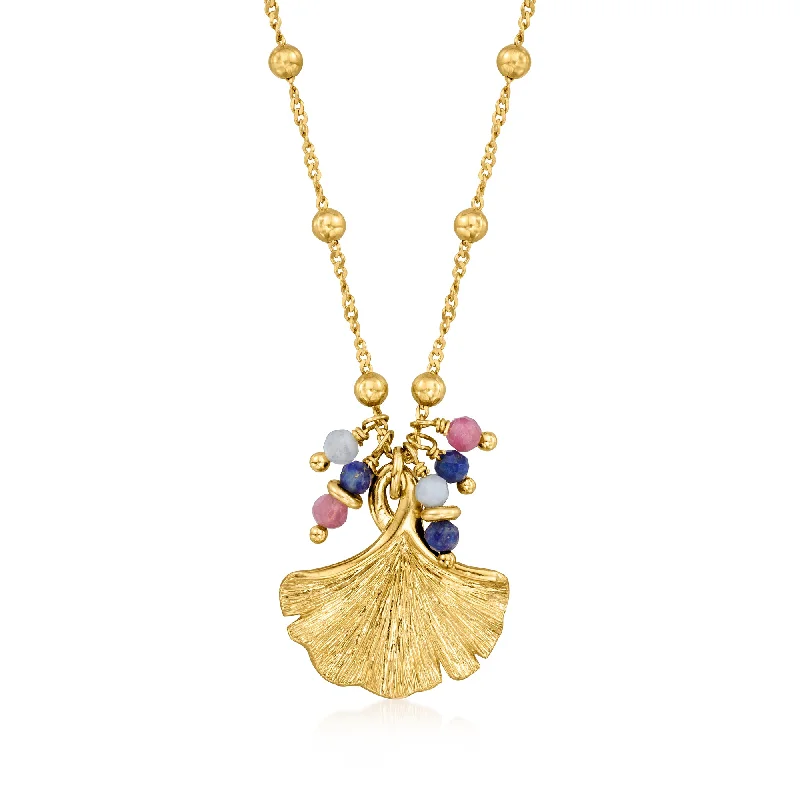 Ross-Simons Italian . Multi-Gemstone Bead Ginkgo Leaf Necklace in 24kt Gold Over Sterling