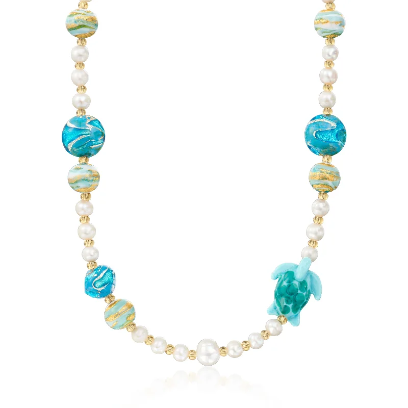 Ross-Simons Italian Multicolored Murano Glass Turtle and Bead Necklace With 6-11mm Cultured Pearls in 18kt Gold Over Sterling