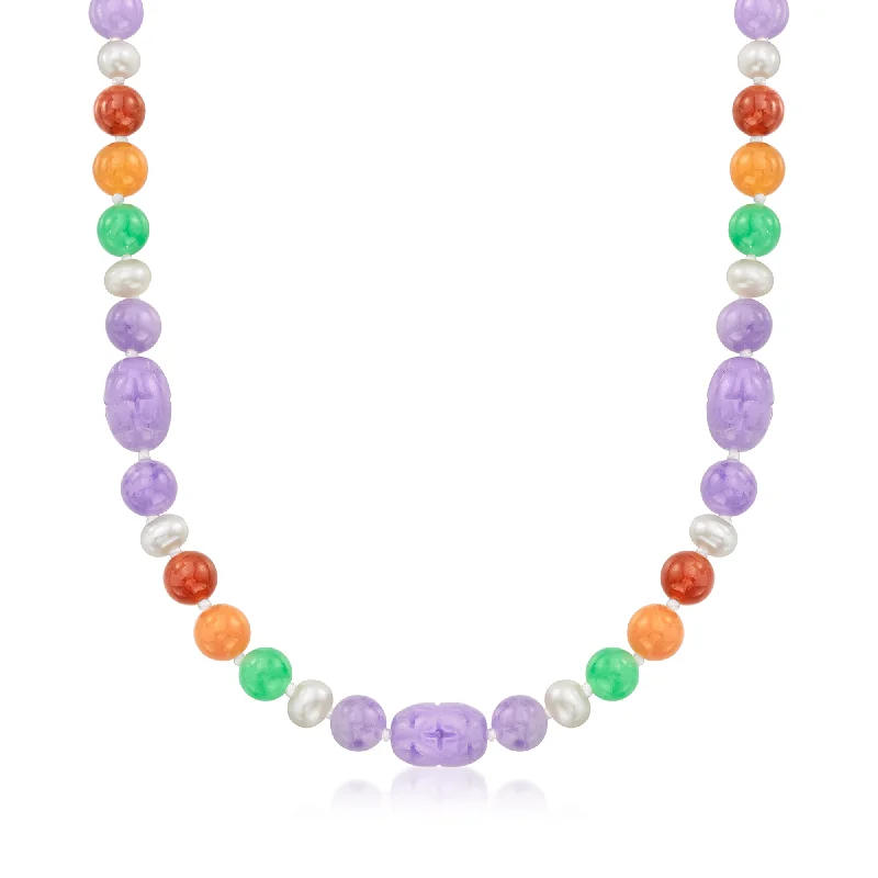 Ross-Simons Multicolored Jade and 6-6.5mm Cultured Pearl Necklace With 14kt Yellow Gold