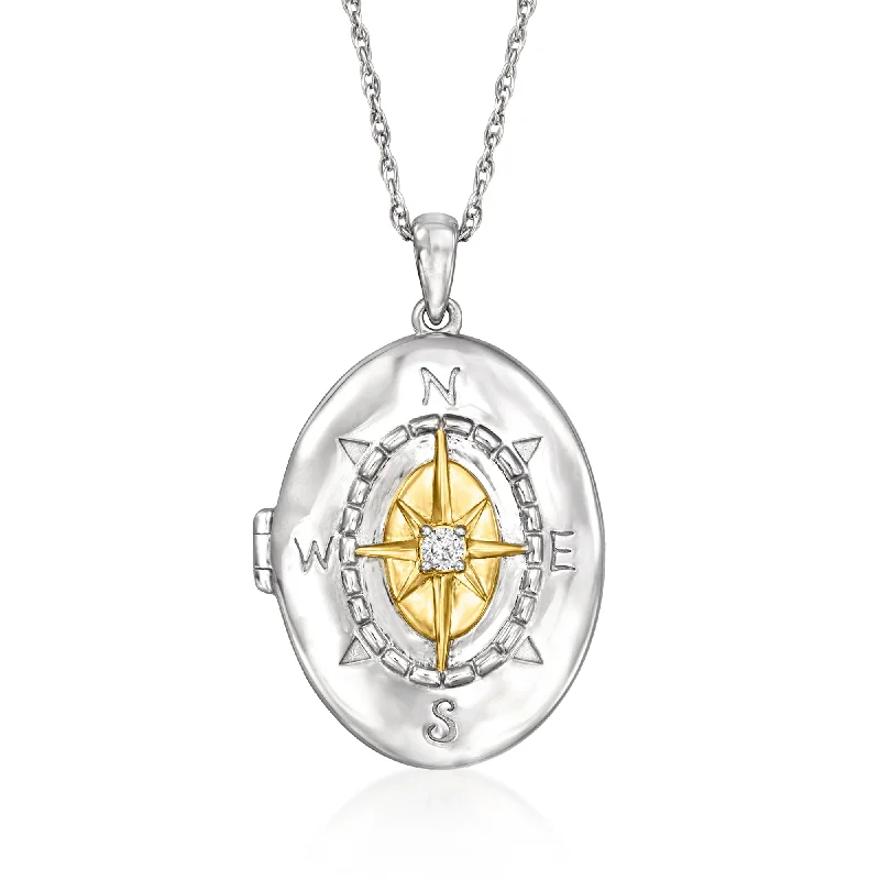 Ross-Simons Sterling Silver and 18kt Gold Over Sterling Compass Locket Necklace With Diamond Accent