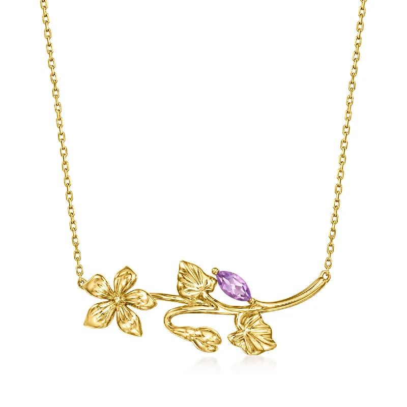 RS Pure by Ross-Simons Amethyst Violet Flower Necklace in 14kt Yellow Gold