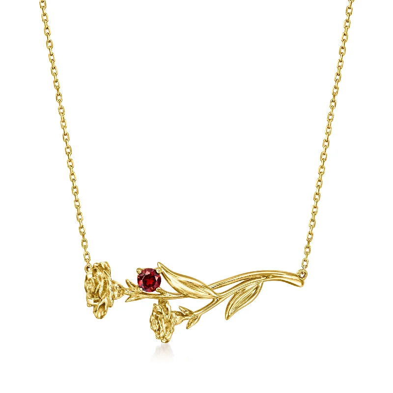 RS Pure by Ross-Simons Garnet Carnation Flower Necklace in 14kt Yellow Gold