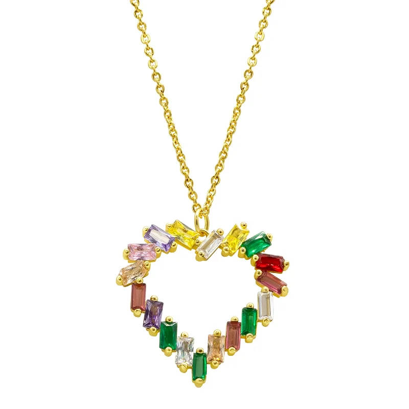 Tarnish Resistant 14K Gold Plated Crystal Rainbow Baguette Heart Pendant Necklace