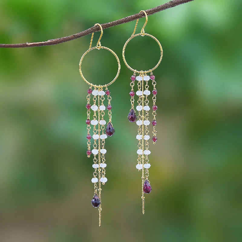 Unmissable Discounts On Timeless Jewelry Pieces Luxurious Rain Gold Plated Garnet and Rainbow Moonstone Waterfall Earrings