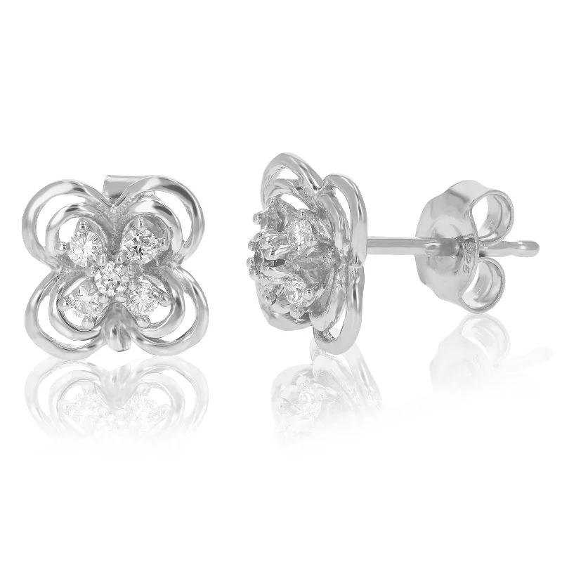 1/5 cttw Round Lab Grown Diamond Stud Earrings .925 Sterling Silver Prong Set Floral Design