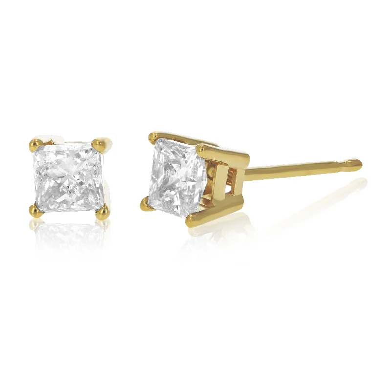 1.60 cttw Princess Cut Diamond Stud Earrings 14k Yellow Gold 4 Prong with Push Backs