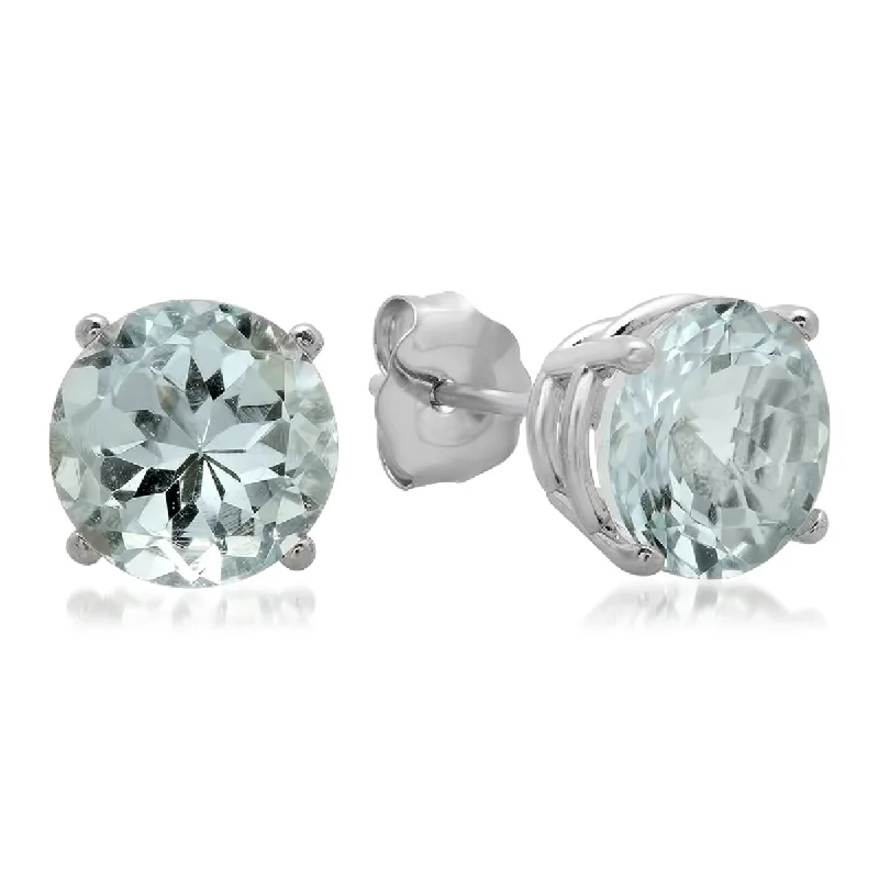 10K White Gold 7MM Round Cut Aquamarine Stud Earrings