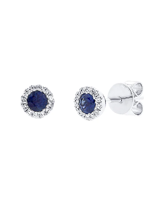 14K White Gold Halo 0.28ct Blue Sapphire Stud Earrings