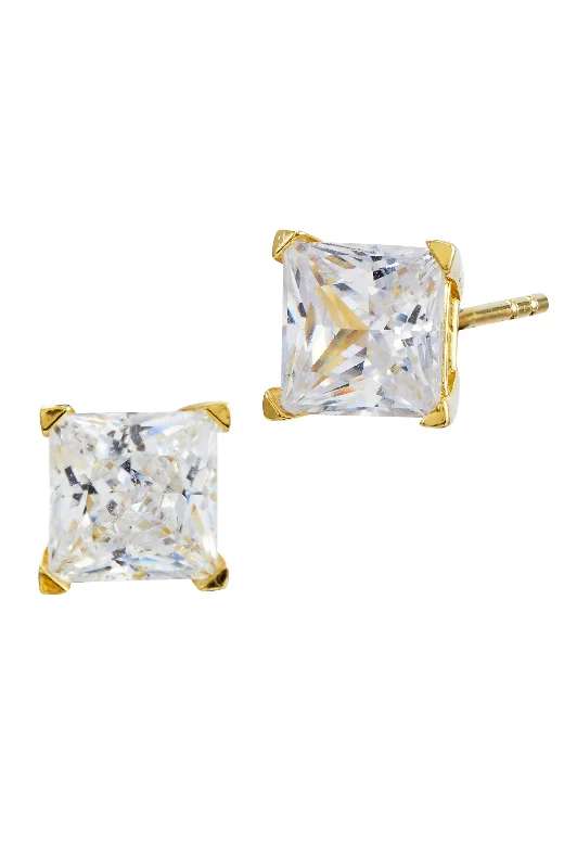 14KT Post And SS 6MM Princess Cut Stud Earrings