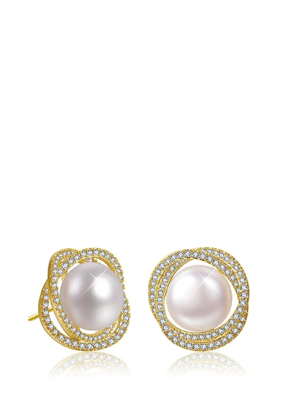 18k Gold Pearl & Cz Stud Earrings