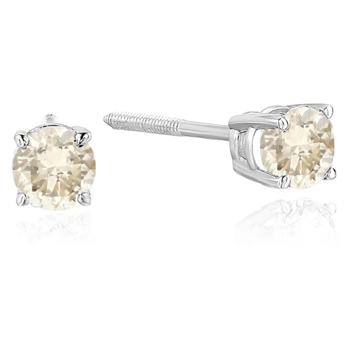 2/3 cttw Champagne Diamond Stud Earrings 14K White Gold Round with Screw Backs