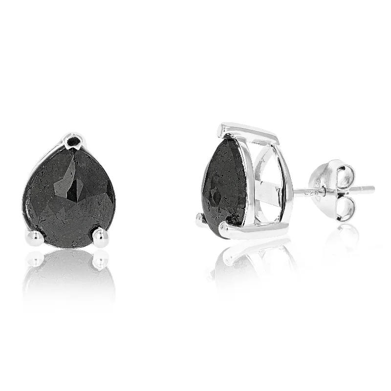 4 cttw Pear Shape Black Diamond Stud Earrings .925 Sterling Silver Prong Set