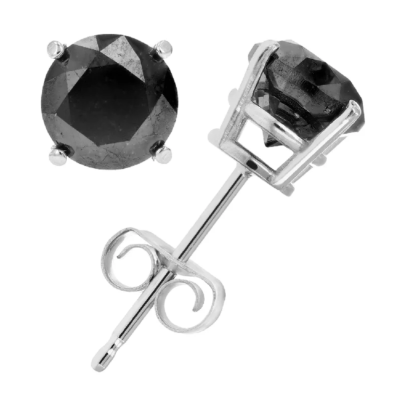 Black Diamond Stud Earrings .925 Sterling Silver Round with Rhodium Push Backs