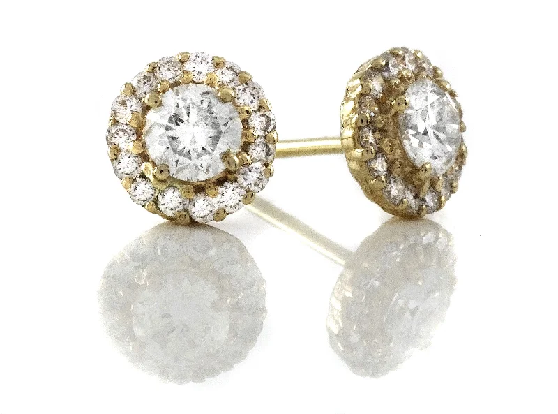 Diamond Solitaire Stud Earrings with Pave Diamonds Yellow Gold