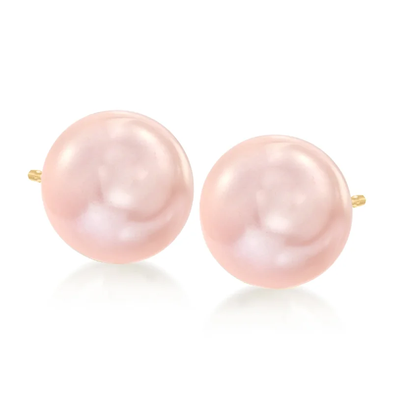 Ross-Simons 10-11mm Pink Cultured Pearl Stud Earrings in 14kt Yellow Gold