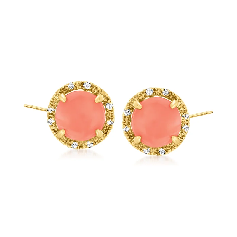 Ross-Simons Coral and Diamond-Accented Stud Earrings in 14kt Yellow Gold