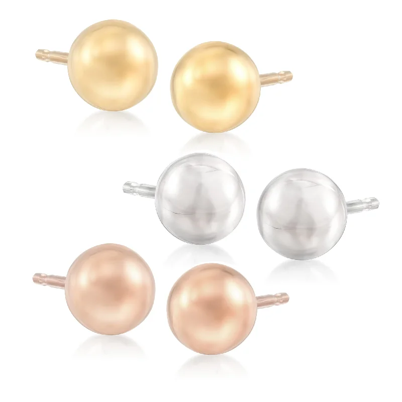 Ross-Simons Tri-Colored Gold Jewelry Set: 3 Pairs Of 6mm Ball Stud Earrings